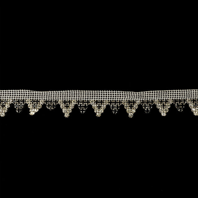 Vintage Czech Crystal and Jet Rhinestones in Silver Settings on White Mesh Trimming - 1.1875"