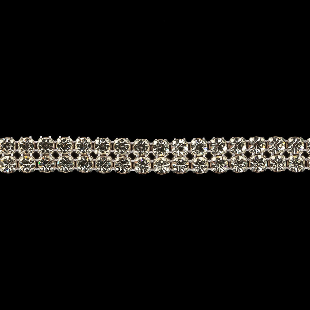Vintage Two Row Crystal Rhinestones in Silver Prong Settings on White Mesh - 0.375"