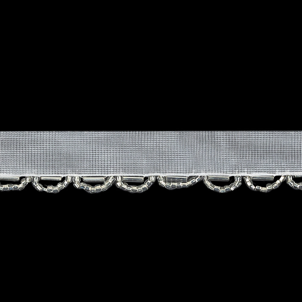 Vintage White and Silver Lined Seed and Bugle Beaded Scalloped Trim - 0.75"