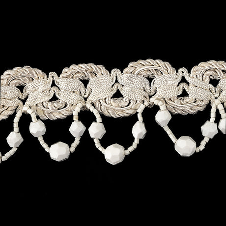 Vintage Ivory Braided Trimming with White Chop and Faceted Beaded Fringe - 1.5"