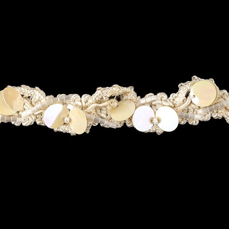 Vintage White Iris Paillette Sequins and White Satin Bugle Beaded Eggnog Trimming - 0.75"
