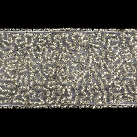 Vintage Fancy Silver-lined Abstract Beaded Trimming on White - 2"