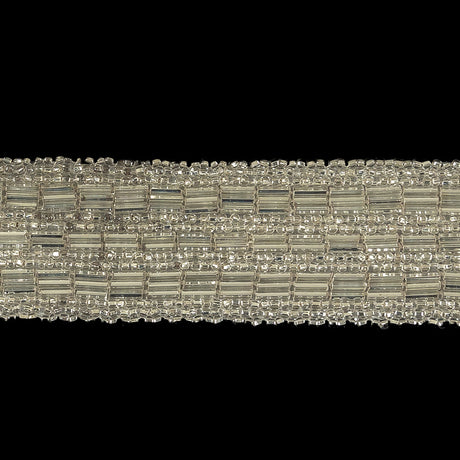 Vintage Silver Lined Seed and Bugle Beaded Striped Trim - 1.375"