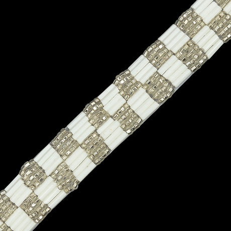 Vintage White and Silver Two Row Checkerboard Beaded Trim - 0.625"