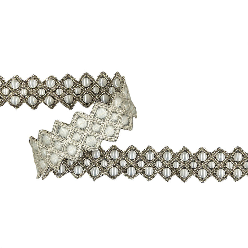 Vintage White and Silver Diamonds Beaded Trim - 1.25"