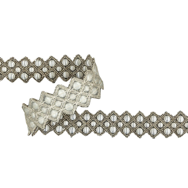 Vintage White and Silver Diamonds Beaded Trim - 1.25"