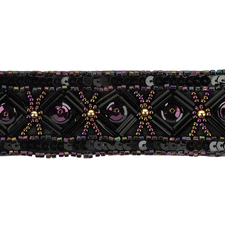 Vintage Purple Iris Geometric Beaded and Sequins Trimming - 1.25"