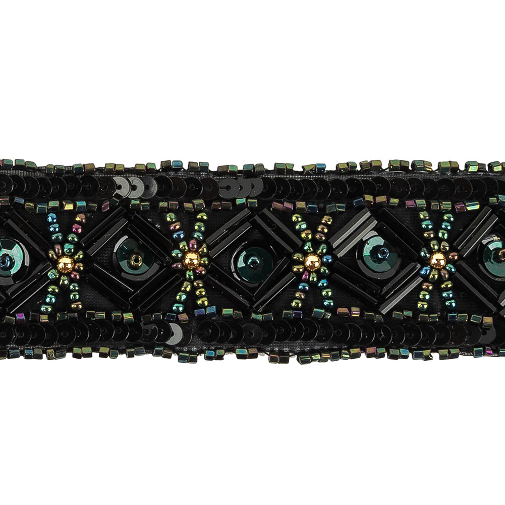 Vintage Green Iris Geometric Beaded and Sequins Trimming - 1.25"