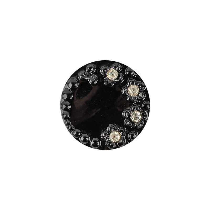 Vintage Shiny Black and Crystal Rhinestones Floral Glass Button - 28L/18mm