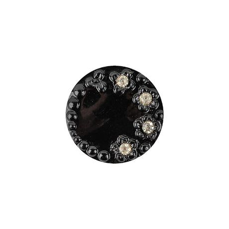 Vintage Shiny Black and Crystal Rhinestones Floral Glass Button - 28L/18mm