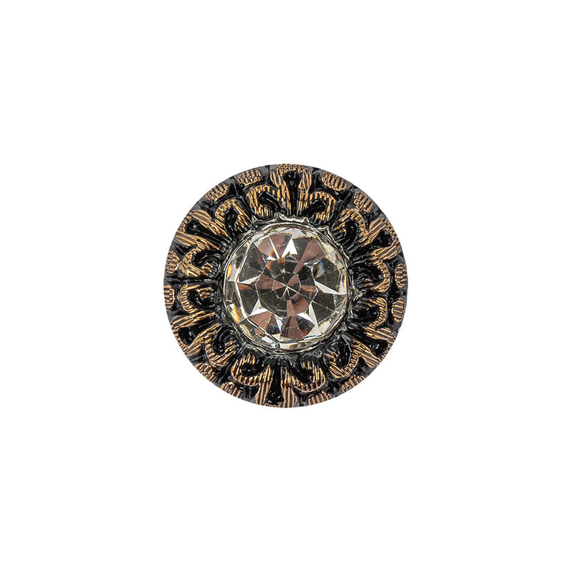 Vintage Antique Gold and Black Classical Shank Back Glass Button with Rhinestone Core - 28L/18mm