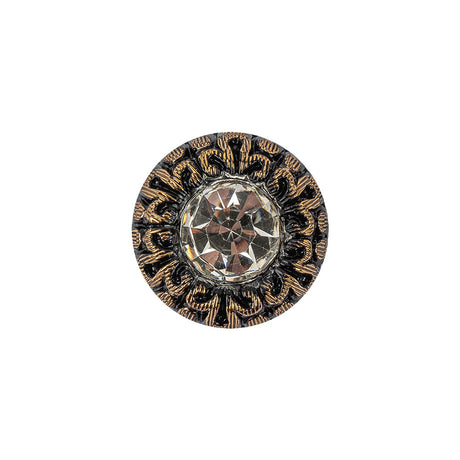 Vintage Antique Gold and Black Classical Shank Back Glass Button with Rhinestone Core - 28L/18mm