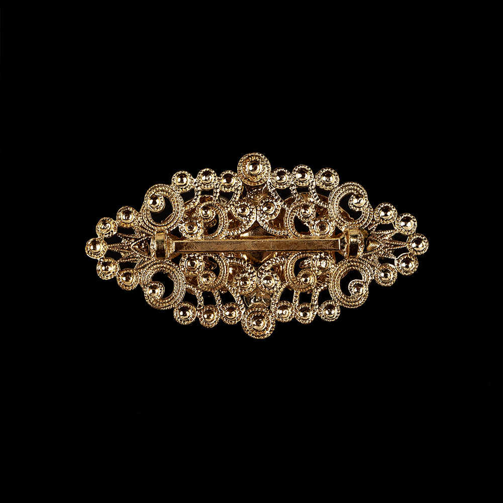 Vintage Czech Crystal Rhinestones and Gold Open Framework Brooch with Cabochon Core - 1.1875" x 2.125"