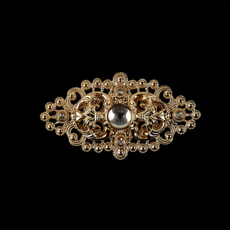 Vintage Czech Crystal Rhinestones and Gold Open Framework Brooch with Cabochon Core - 1.1875" x 2.125"
