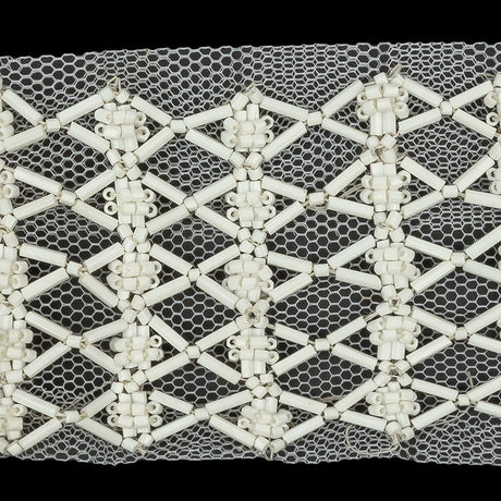 Vintage White Latticework Glass Beaded Mesh Trim - 2.125"
