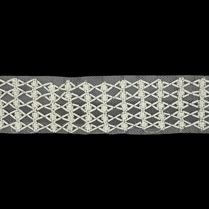 Vintage White Latticework Glass Beaded Mesh Trim - 2.125"