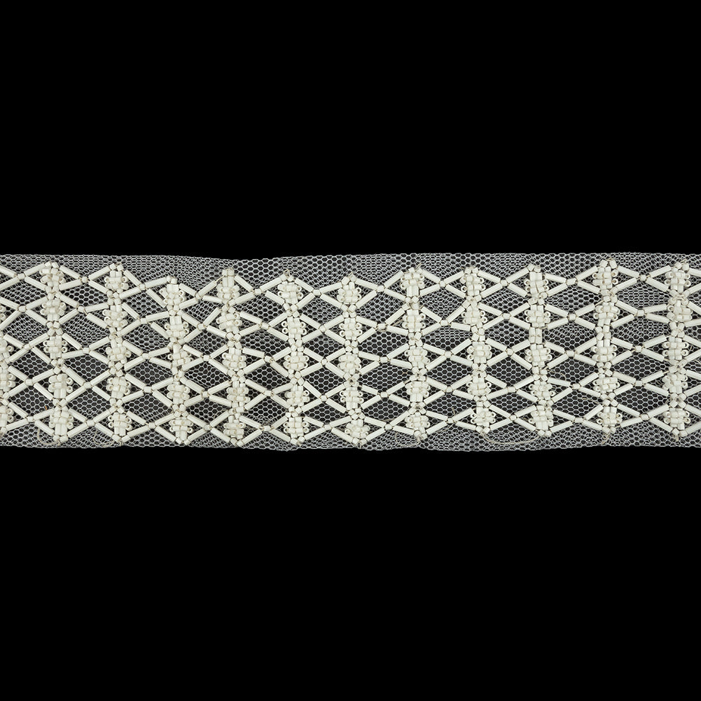 Vintage White Latticework Glass Beaded Mesh Trim - 2.125"