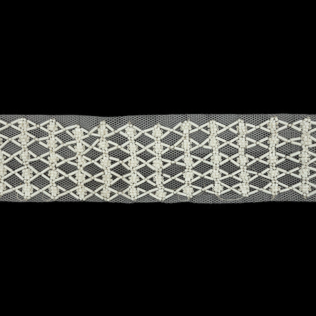 Vintage White Latticework Glass Beaded Mesh Trim - 2.125"