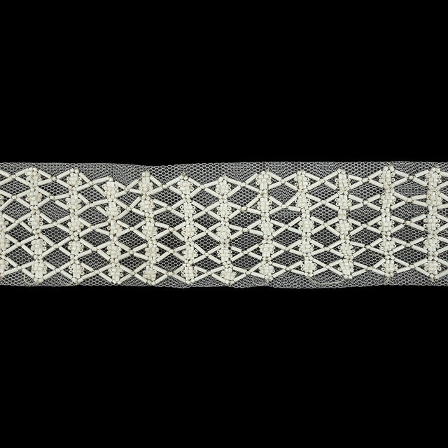 Vintage White Latticework Glass Beaded Mesh Trim - 2.125"