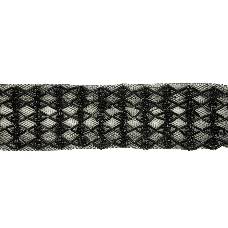 Vintage Black Latticework Glass Beaded Mesh Trim - 1.75"