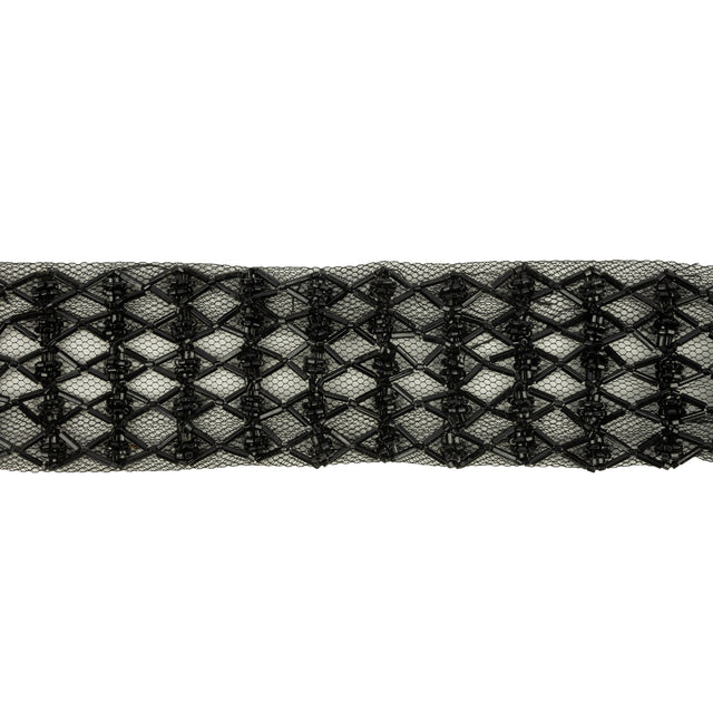 Vintage Black Latticework Glass Beaded Mesh Trim - 1.75"
