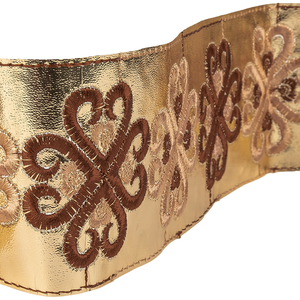 Vintage English Beige and Brown Embroidered Gold Metallic Vinyl Ribbon - 2.75"