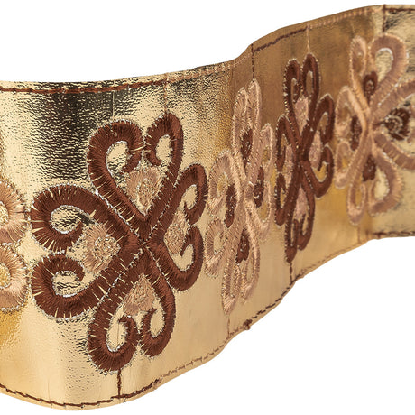 Vintage English Beige and Brown Embroidered Gold Metallic Vinyl Ribbon - 2.75"