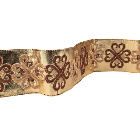 Vintage English Beige and Brown Embroidered Gold Metallic Vinyl Ribbon - 2.75"