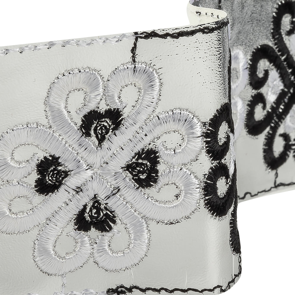 Vintage English White and Black Embroidered Silver Metallic Vinyl Ribbon - 2.75"