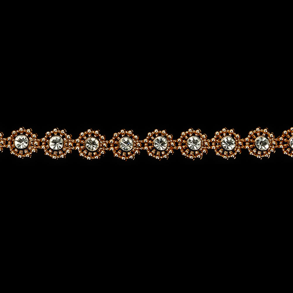 Vintage Rose Gold Floral Beaded Trimming with Rhinestone Centers - 0.375"