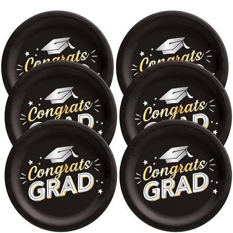 Black Congrats Grad 8 1/2" Round Disposable Dinner Plates – 8 Count