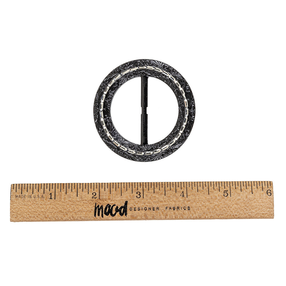 Vintage Black Classical Swirls Round Slider with Faceted Silver Band - 2.375" x 2.375"