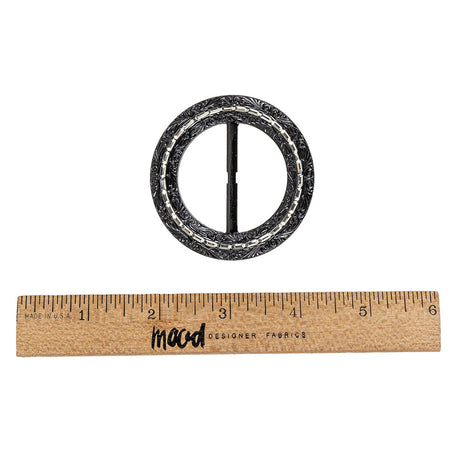 Vintage Black Classical Swirls Round Slider with Faceted Silver Band - 2.375" x 2.375"