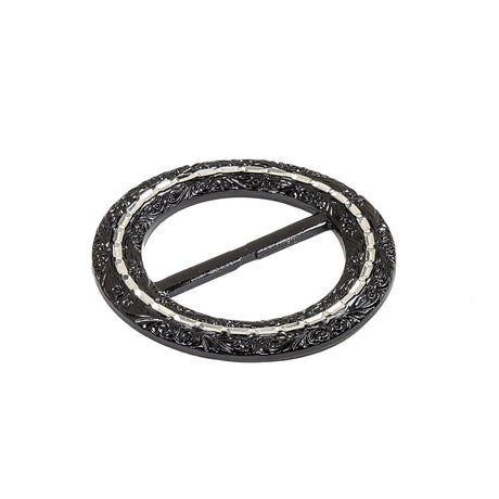 Vintage Black Classical Swirls Round Slider with Faceted Silver Band - 2.375" x 2.375"
