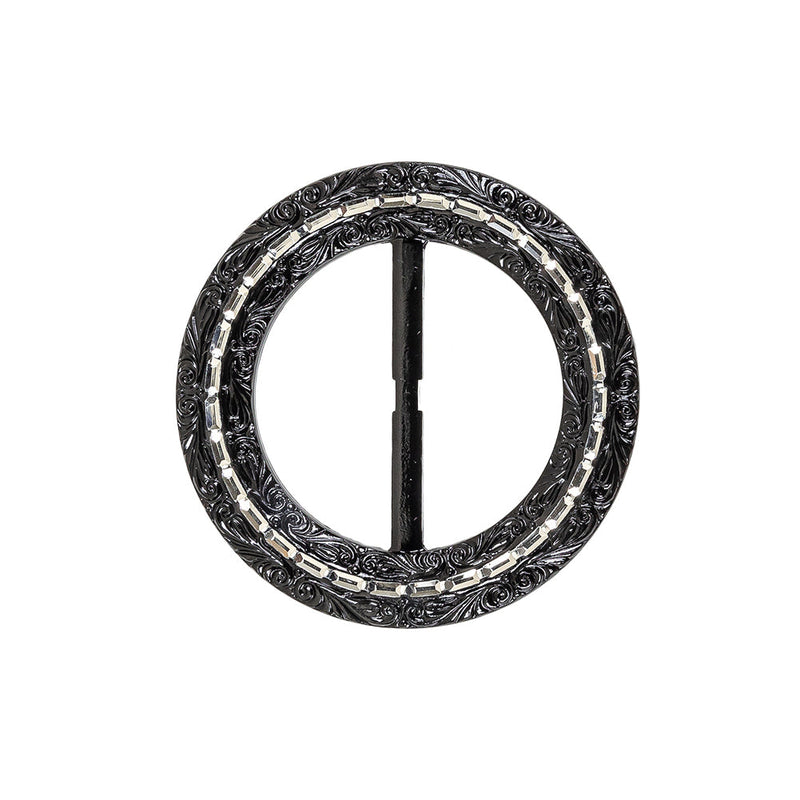Vintage Black Classical Swirls Round Slider with Faceted Silver Band - 2.375" x 2.375"