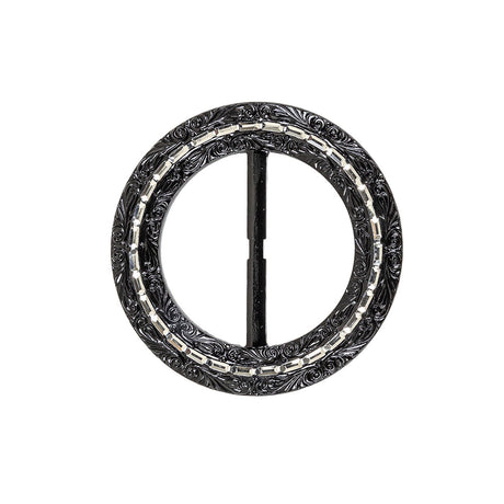 Vintage Black Classical Swirls Round Slider with Faceted Silver Band - 2.375" x 2.375"
