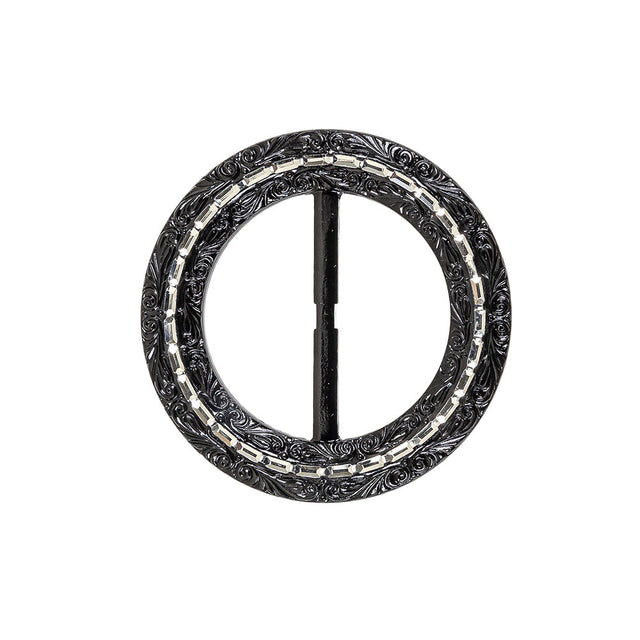 Vintage Black Classical Swirls Round Slider with Faceted Silver Band - 2.375" x 2.375"