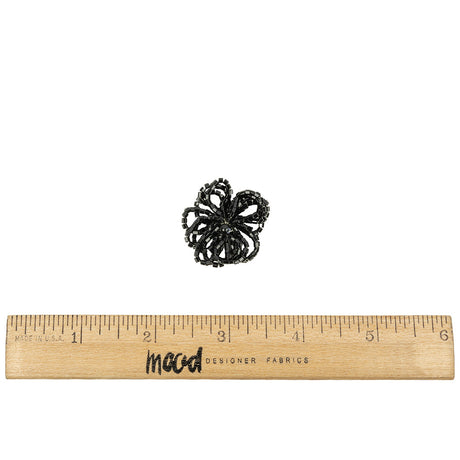 Vintage Jet Black Seed Beaded Flower Decoration with Black Faux Pearl Center - 1.25" x 1.25"