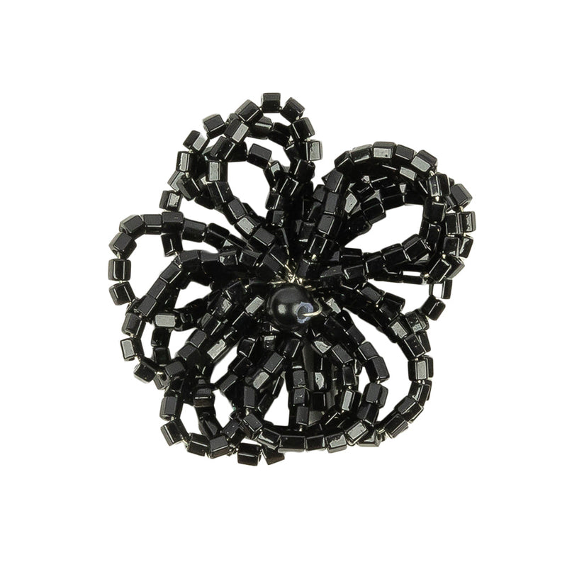 Vintage Jet Black Seed Beaded Flower Decoration with Black Faux Pearl Center - 1.25" x 1.25"