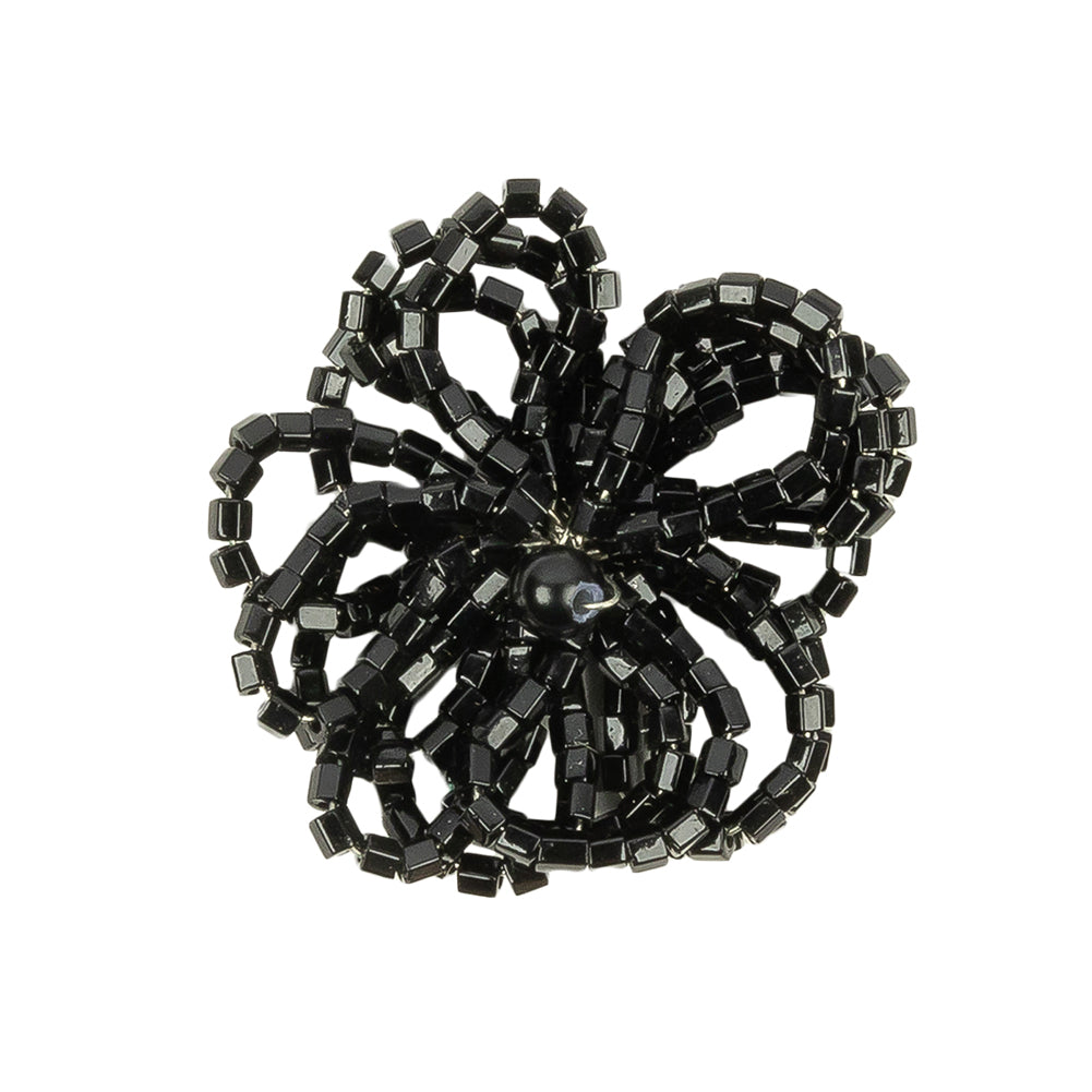 Vintage Jet Black Seed Beaded Flower Decoration with Black Faux Pearl Center - 1.25" x 1.25"