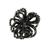 Vintage Jet Black Seed Beaded Flower Decoration with Black Faux Pearl Center - 1.25" x 1.25"