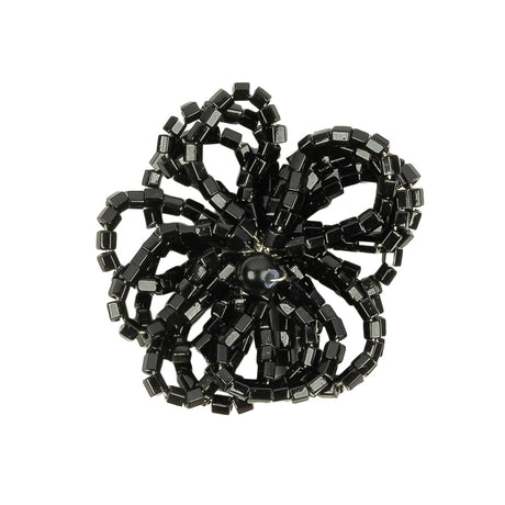 Vintage Jet Black Seed Beaded Flower Decoration with Black Faux Pearl Center - 1.25" x 1.25"