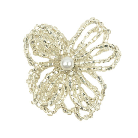 Vintage Silver Lined Seed Beaded Flower Decoration with Faux Pearl Center - 1.25" x 1.25"