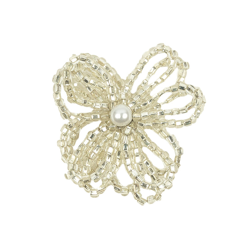 Vintage Silver Lined Seed Beaded Flower Decoration with Faux Pearl Center - 1.25" x 1.25"