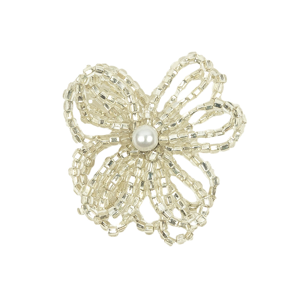 Vintage Silver Lined Seed Beaded Flower Decoration with Faux Pearl Center - 1.25" x 1.25"