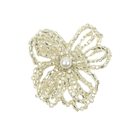 Vintage Silver Lined Seed Beaded Flower Decoration with Faux Pearl Center - 1.25" x 1.25"
