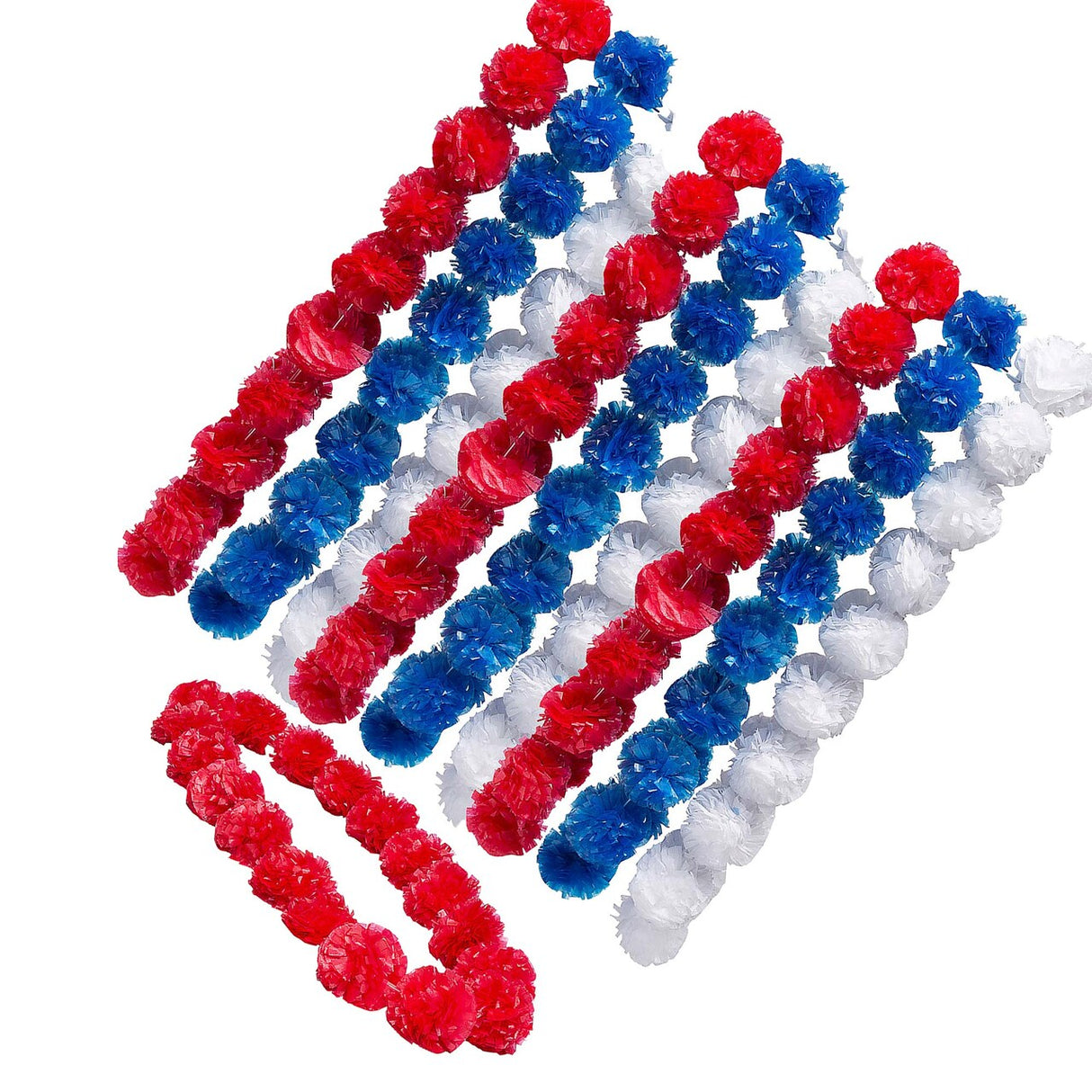 3 Ft. Patriotic Pom Pom Red, White & Blue Plastic Leis 12 Pc.