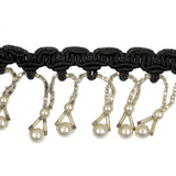 Vintage White Pearl Round and Seed Beaded Fringe on Black Braid - 1.5"