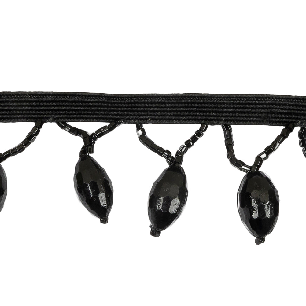 Vintage Black Faceted Lozenge and Seed Beaded Fringe - 1.25"
