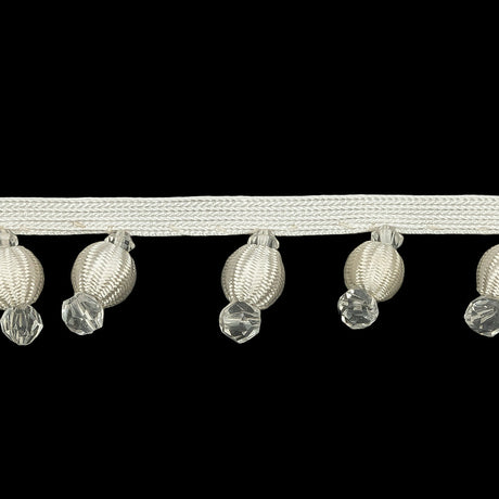Vintage Ivory Fabric Covered and Crystal Beaded Fringe Trim on Ivory Tape - 0.875"